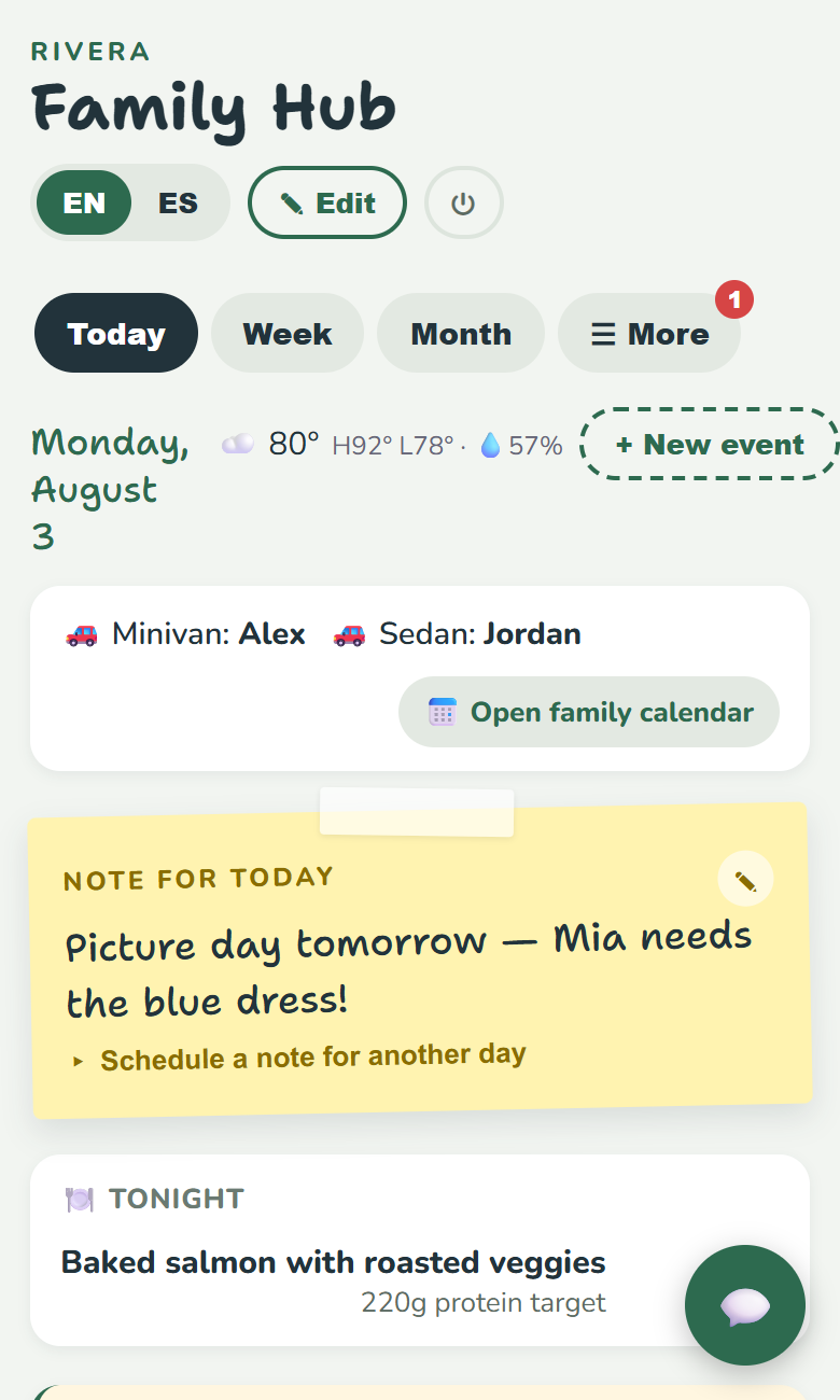 Hubwald's Today view, showing a family's schedule, a note, and tonight's dinner plan